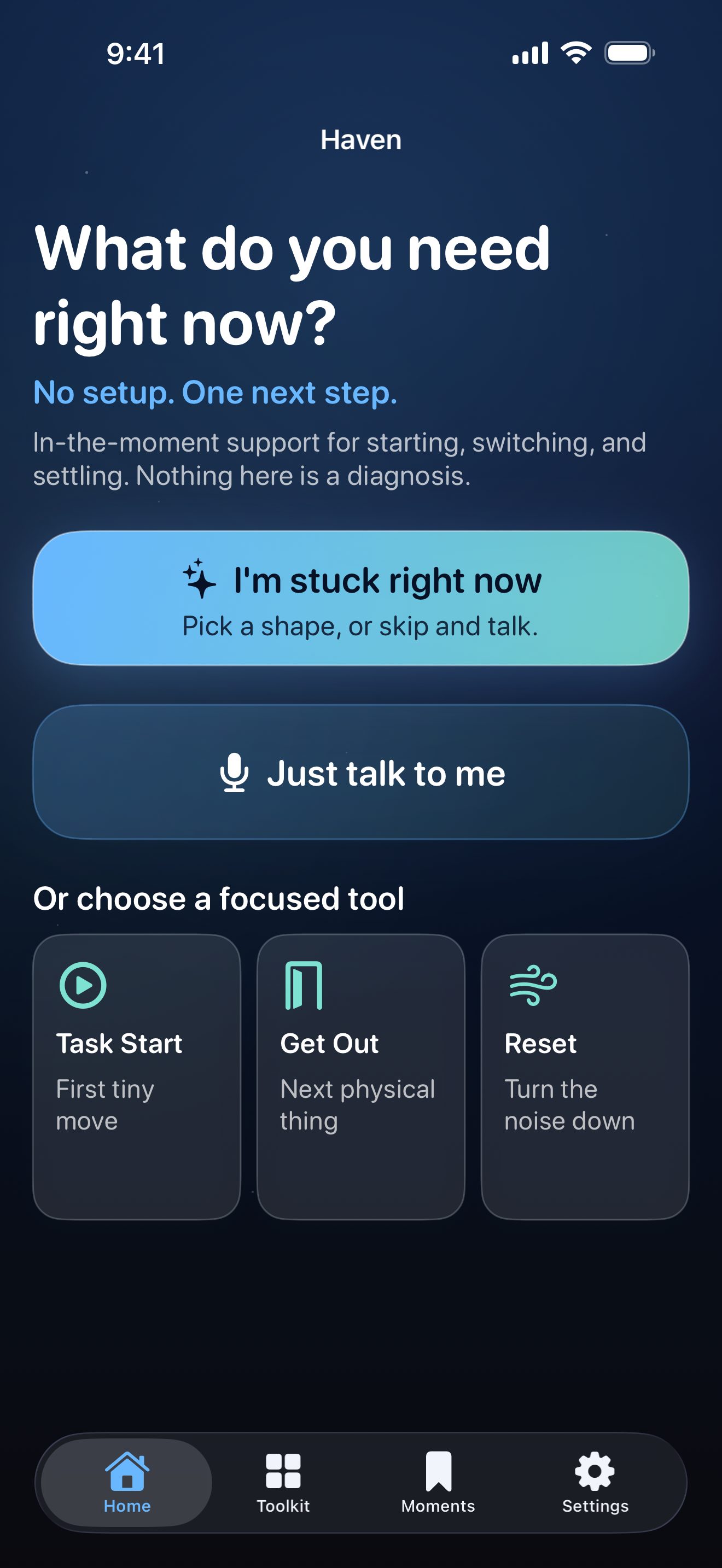 Orbit Haven app home screen asking what do you need right now, with focused tools