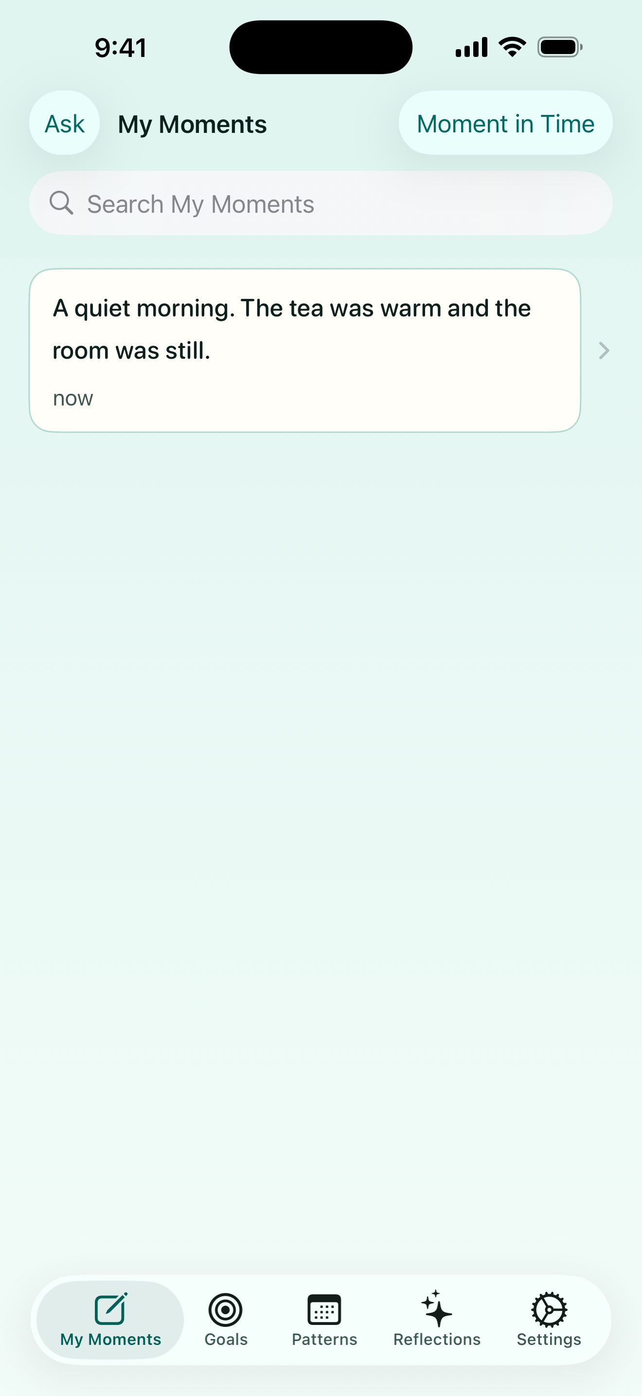 Orbit Reflect app My Moments screen showing a journal entry and the search field
